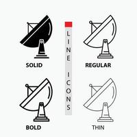 Satellit, Antenne, Radar, Weltraum, Tellersymbol in dünner, regelmäßiger, fetter Linie und Glyphenstil. Vektor-Illustration vektor