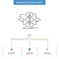 Algorithmus, Design, Methode, Modell, Prozess-Business-Flow-Chart-Design mit 3 Schritten. Liniensymbol für Präsentation Hintergrundvorlage Platz für Text vektor