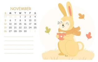 november-kinderkalender für 2023 mit einer illustration eines süßen kaninchens in einem schal mit einer tasse kakao. 2023 ist das Jahr des Hasen. Vektor-Herbst-Illustration-Kalenderseite. vektor