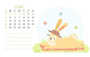 juni-kinderkalender für 2023 mit einer illustration eines süßen hasens mit hut, der sich in der sonne sonnt. 2023 ist das Jahr des Hasen. vektor sommer illustration kalenderseite.
