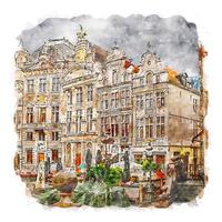 grand place belgien akvarell skiss handritad illustration vektor