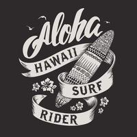 aloha typografi med surfingbräda illustration för t-shirt skriva ut, vektor illustration. kan vara Begagnade för t-shirt skriva ut, råna skriva ut, kuddar, mode skriva ut design, barn ha på sig, bebis dusch