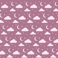 Nahtloses grooviges Kindermuster. Wolken, Mond und Retro-Sterne in lila Farben. niedlicher kindlicher hintergrund für bettwäsche oder kindertextildesign vektor