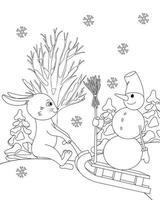 Ein Hase trägt einen Schneemann auf einem Schlitten vektor