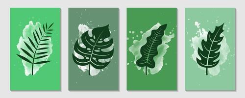 uppsättning av kreativ minimalistisk illustration av grön löv blandning med vattenfärg för vägg dekoration, affisch eller vykort vektor