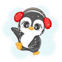 weihnachtssüßer pinguin in pelzkopfhörern, vektorillustration vektor