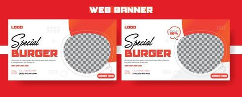 särskild burger webb baner mall för marknadsföring, uppsättning av modern webb banderoller design, elegant professionell företag baner mall, mat baner design, Facebook omslag sida design, webb baner för annonser. vektor