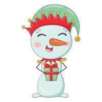 süßer Cartoon-Schneemann, gekleidet wie ein Elf, der ein Weihnachtsgeschenk in seinen Händen hält vektor