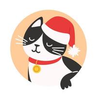 Porträt einer schwarzen und weißen Katze in einer Weihnachtsmütze, Avatar im flachen Stil vektor