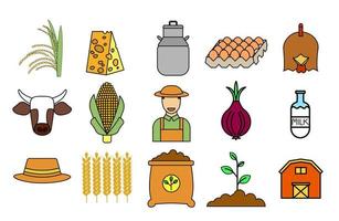 lantbruk ikoner uppsättning. samling av platt ikoner sådan som, ris växt, majs, vete växt, ost, mjölk, fjäderfän, ägg, ko, gödselmedel och andra vektor