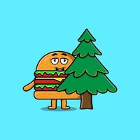 söt tecknad serie burger karaktär dölja träd vektor