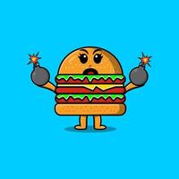 söt tecknad serie burger innehav bomba med rädd vektor