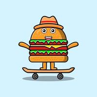 söt tecknad serie burger stående på skateboard vektor
