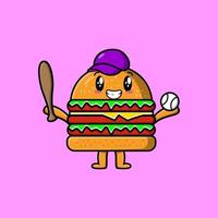 niedliche Cartoon-Burger-Figur, die Baseball spielt vektor