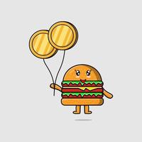 tecknad serie burger flytande med guld mynt ballong vektor