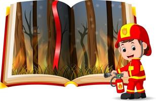 Wald in Brand im Buch und Feuerwehrmann vektor