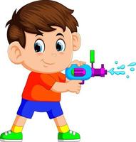 pojke spelar med vatten pistol vektor