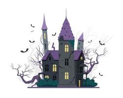 kuslig gammal slott med fladdermöss flygande runt om halloween vektor illustration.