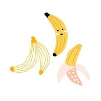 vektor illustration uppsättning av banan med en söt ansikte. ritad för hand frukt i pastell färger. lämplig för illustrerar friska äter, recept, och lokal- odla.