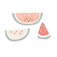 süße wassermelonenfruchtscheibe in pastellfarbe. gesundes vegetarisches essen und reifer vektorillustrationssatz vektor
