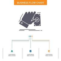 Geschäft. Hand. Geld. verdiene. Dollar-Business-Flow-Chart-Design mit 3 Schritten. Glyphensymbol für Präsentationshintergrundvorlage Platz für Text. vektor