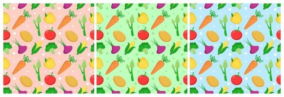 uppsättning av vegetarian, frukt eller grönsaker sömlös mönster design med färsk, organisk och naturlig mat i hand dragen platt tecknad serie bakgrund illustration vektor