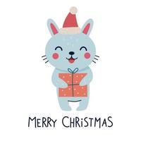 söt jul kanin med en gåva och text glad jul. vektor illustration