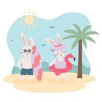 söt kanin flicka med ett uppblåsbar flamingo ringa och en kanin pojke med surfingbräda på de strand. utomhus- sporter, sommar semester. hälsning kort. vektor