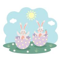 söt kaniner Sammanträde in i ägg på de äng. vår hälsning kort. påsk Semester. vektor