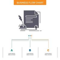 Vertrag. Papier. dokumentieren. Zustimmung. Award-Business-Flow-Chart-Design mit 3 Schritten. Glyphensymbol für Präsentationshintergrundvorlage Platz für Text. vektor