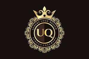 uq första brev guld calligraphic feminin blommig hand dragen heraldisk monogram antik årgång stil lyx logotyp design premie vektor