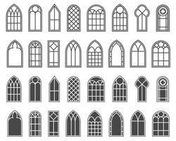 Kirchenfenster gesetzt. Silhouetten gotischer Bögen im klassischen Linien- und Glyphenstil. Glasrahmen der alten Kathedrale. mittelalterliche innenelemente. Vektor