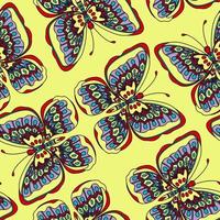 sömlös mönster med hand dragen fjäril i zentangle stil på gul bakgrund. vektor