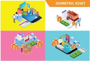 moderne isometrische 3d-set-sammlung smart-shop-online-technologieillustration auf weißem isoliertem hintergrund mit menschen und digitalem vermögenswert vektor