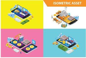 moderne isometrische 3d-set-sammlung smart-shop-online-technologieillustration auf weißem isoliertem hintergrund mit menschen und digitalem vermögenswert vektor