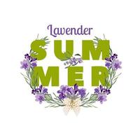 sommar blommig bakgrund med skön lavendel- blommor på vit bakgrund. flerfärgad typografi hälsning kort vektor