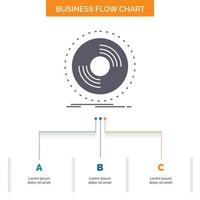 Rabatt. dj. Grammophon. Aufzeichnung. vinyl business flow chart design mit 3 schritten. Glyphensymbol für Präsentationshintergrundvorlage Platz für Text. vektor
