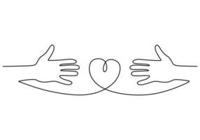 eine durchgehende einzelne Linie des Wohltätigkeitstages mit zwei Händen und Liebe vektor