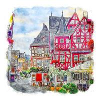 bacharach deutschland aquarellskizze handgezeichnete illustration vektor