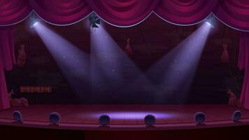 theaterbühne mit scheinwerfern, roten vorhängen, szene