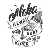 aloha typografi med surfingbräda illustration för t-shirt skriva ut, vektor illustration. kan vara Begagnade för t-shirt skriva ut, råna skriva ut, kuddar, mode skriva ut design, barn ha på sig, bebis dusch