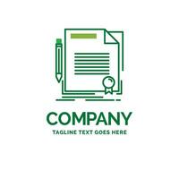 Zustimmung. Vertrag. handeln. dokumentieren. Papier flache Business-Logo-Vorlage. kreatives grünes markendesign.