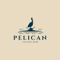 pelikan fågel årgång logotyp ,med cattail vektor illustration design