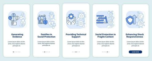 Sozialschutzaktivitäten hellblauer Onboarding-Bildschirm der mobilen App. Komplettlösung 5 Schritte grafische Anleitungsseiten mit linearen Konzepten. ui, ux, gui-Vorlage. vektor