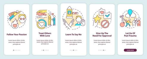 aktivitäten für die selbstliebe beim onboarding des mobilen app-bildschirms. Folgen Sie der Leidenschaft Walkthrough 5 Schritte grafische Anleitungsseiten mit linearen Konzepten. ui, ux, gui-Vorlage. vektor