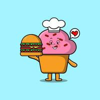 söt tecknad serie muffin kock karaktär innehav burger vektor