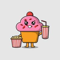söt tecknad serie muffin med popcorn och dryck vektor
