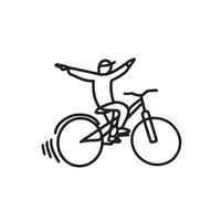Mann auf einem Fahrrad fährt mit erhobenen Händen. Kunststil der flachen Linie. vektor