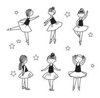 Eine Reihe süßer kleiner tanzender Ballerina-Figuren in Ballettröcken. einfache lineare Vektorgrafik einzeln auf Weiß. ideal für mädchenhaftes Design, T-Shirt vektor