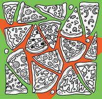 Umriss Pizzascheiben Pizza auf grünem und rotem Hintergrund. Vektor einfacher Doodle-Stil
